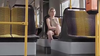 Amazing Blonde forth Bus (downblouse together with upskirt no pantie)